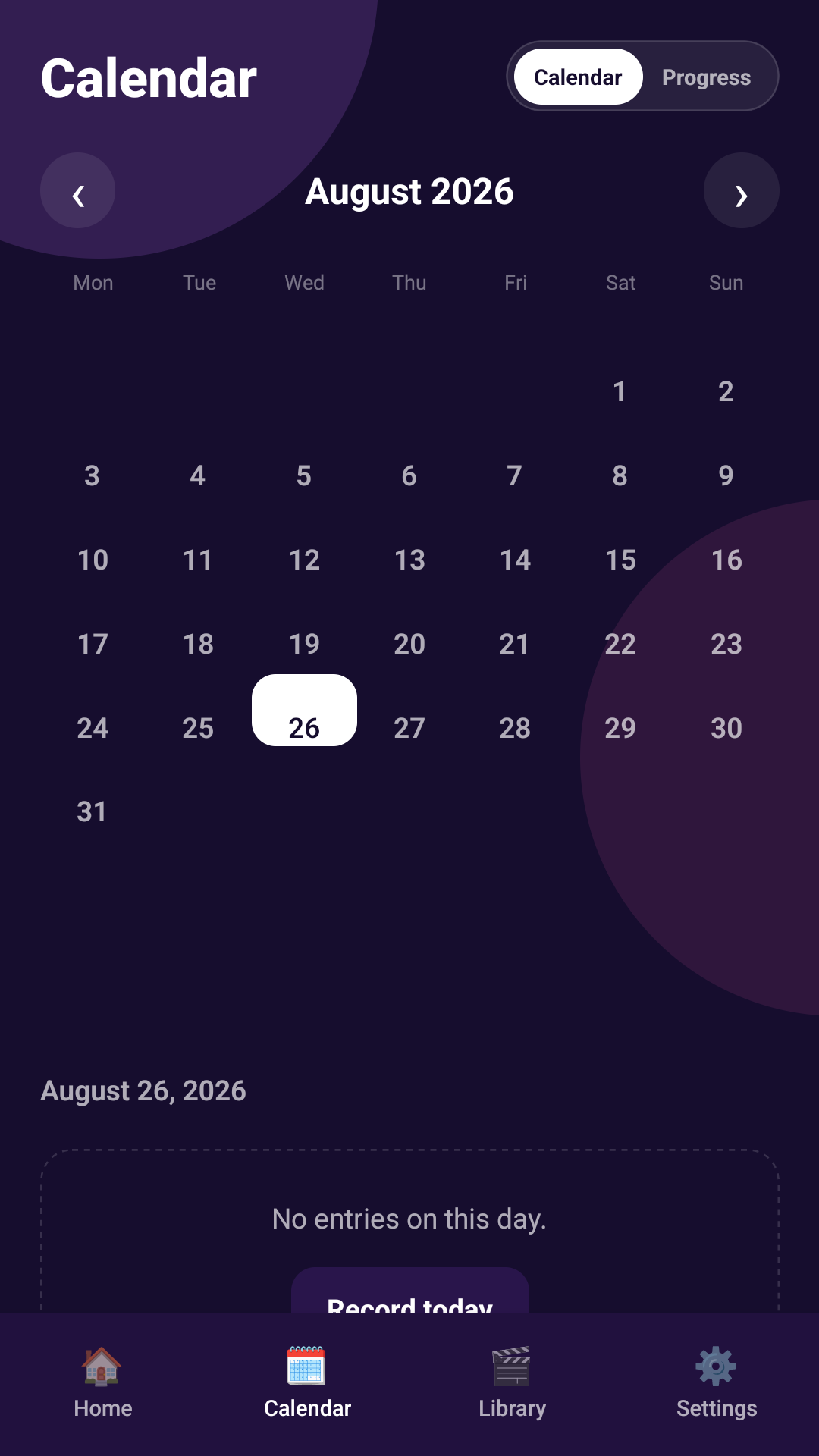 Video Diary Pro calendar screen